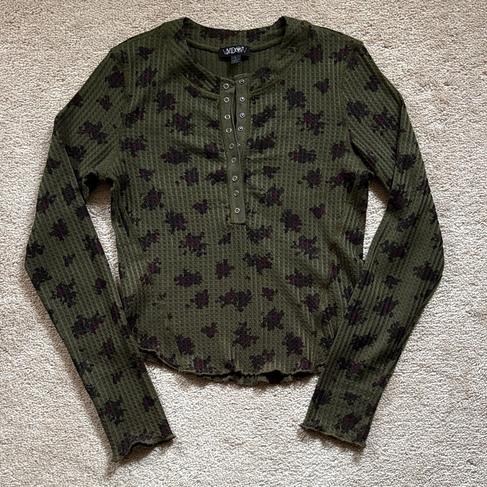 Dolls Kill Olive Green Ribbed Henley Top with Purple Floral Print
